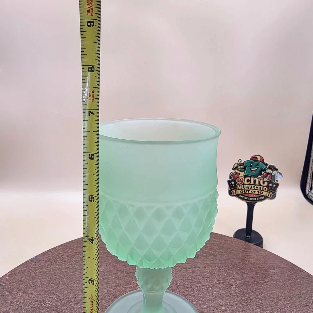 Vintage Frosted Green Uranium Glass Goblet Diamond Point Satin Glow Glassware